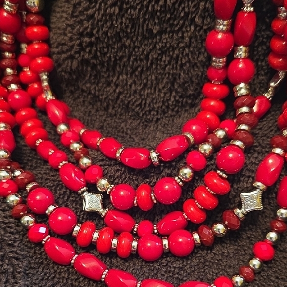 Red & Silver Beaded Necklace with Hoop Earrings, 2 Piece Set NWOT - Picture 2 of 5
